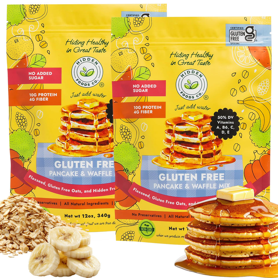 Hidden Foods Co gluten-free pancake mix packaging for quick weekend breakfasts.