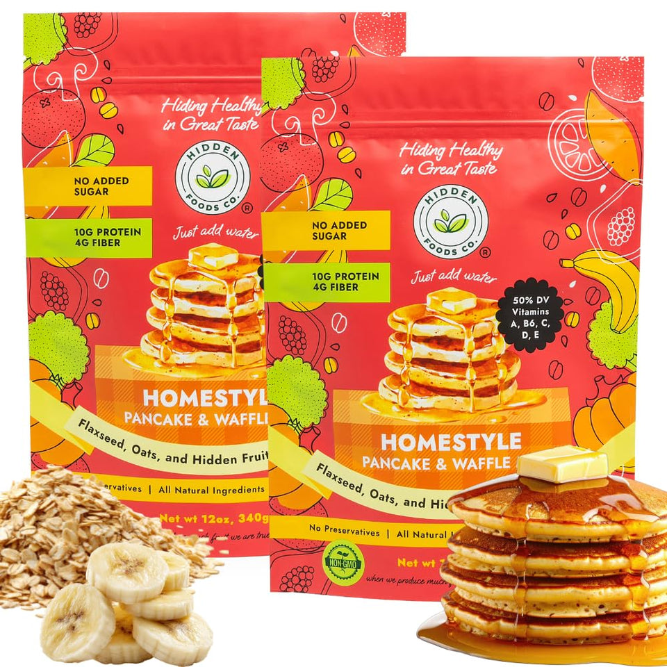 Hidden Foods Co. pancake mix bag close-up shows hidden fruits and vegetables for a nourishing start