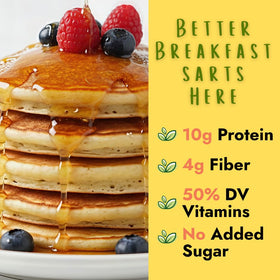 Hidden Foods Co. waffles and pancake mix bag close-up highlights protein and fiber benefits