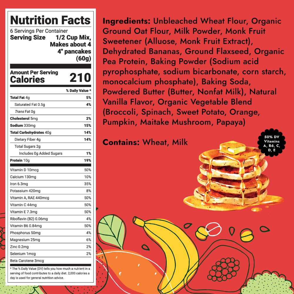Hidden Foods Co. pancake/waffle mix ingredients display with oats and flaxseed