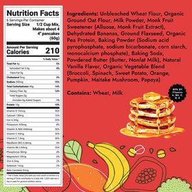 Hidden Foods Co. pancake/waffle mix ingredients display with oats and flaxseed