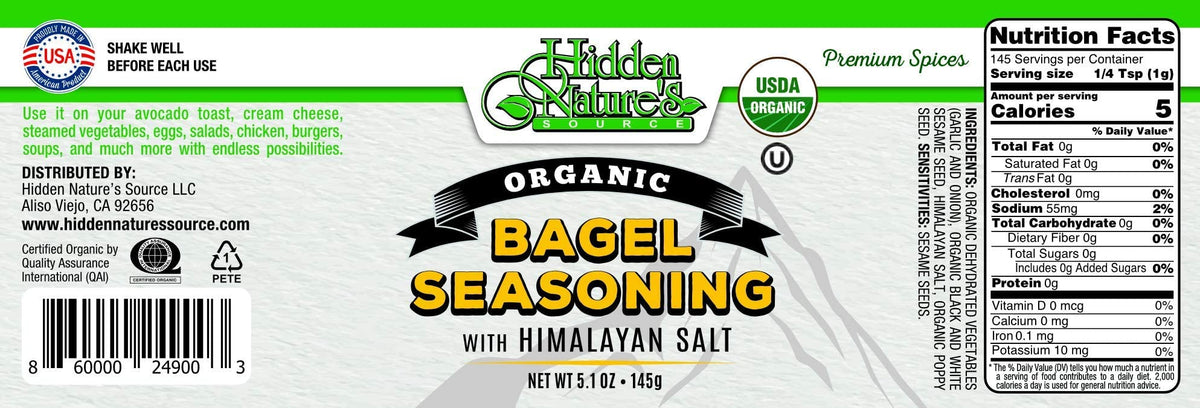 Hidden Nature's Source Everything Bagel Seasoning label highlights vegan-friendly gluten-free benefits