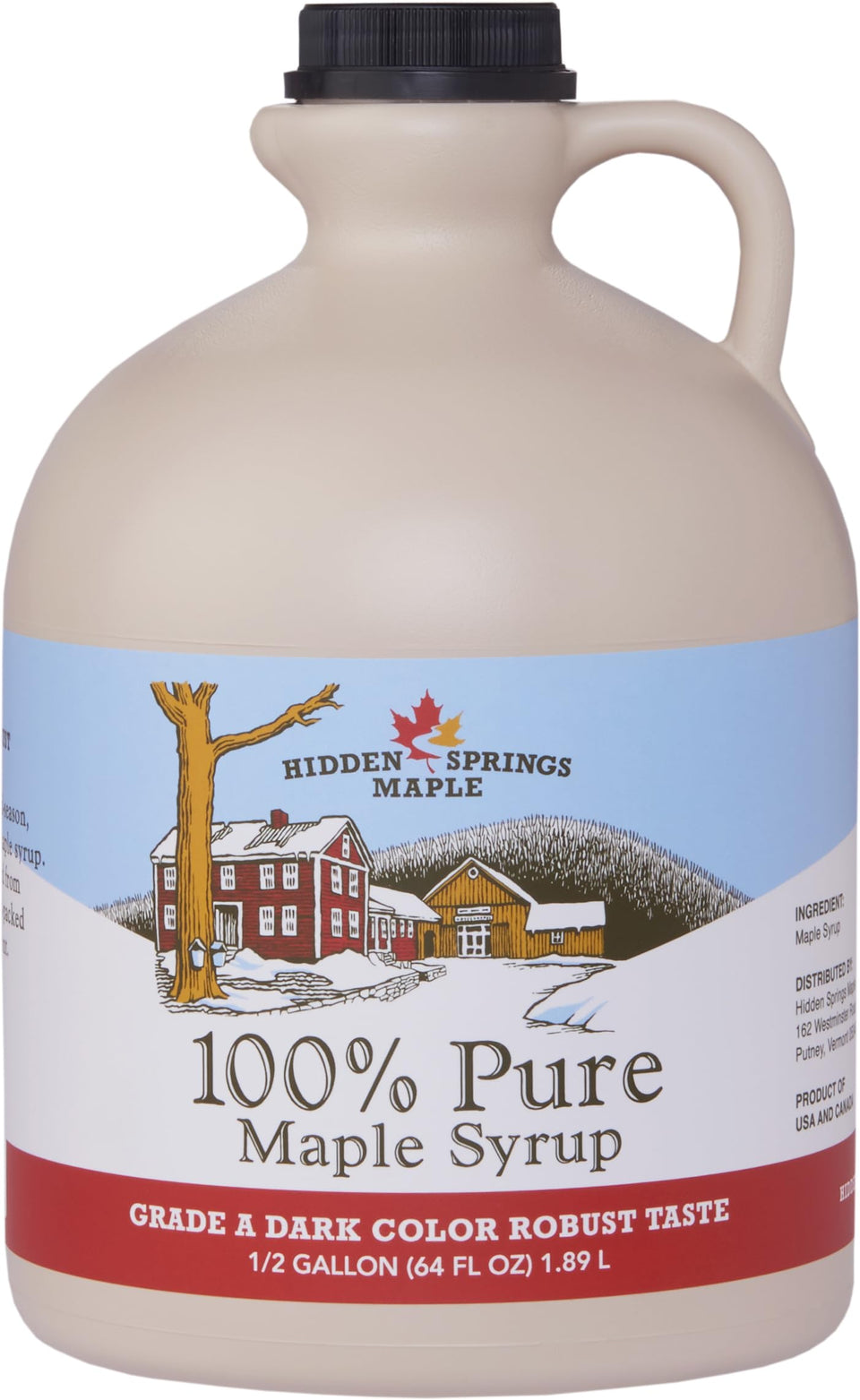 Hidden Springs Maple Dark Half Gallon bottle front view shows rich color and versatility.