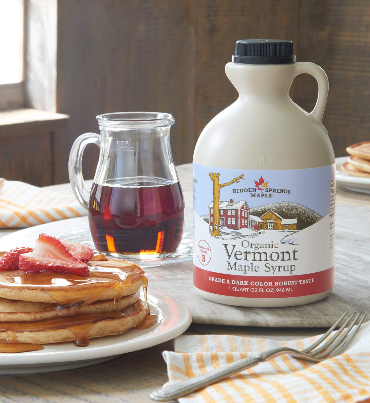Hidden Springs Maple dark robust syrup close-up showing rich color and flavor.