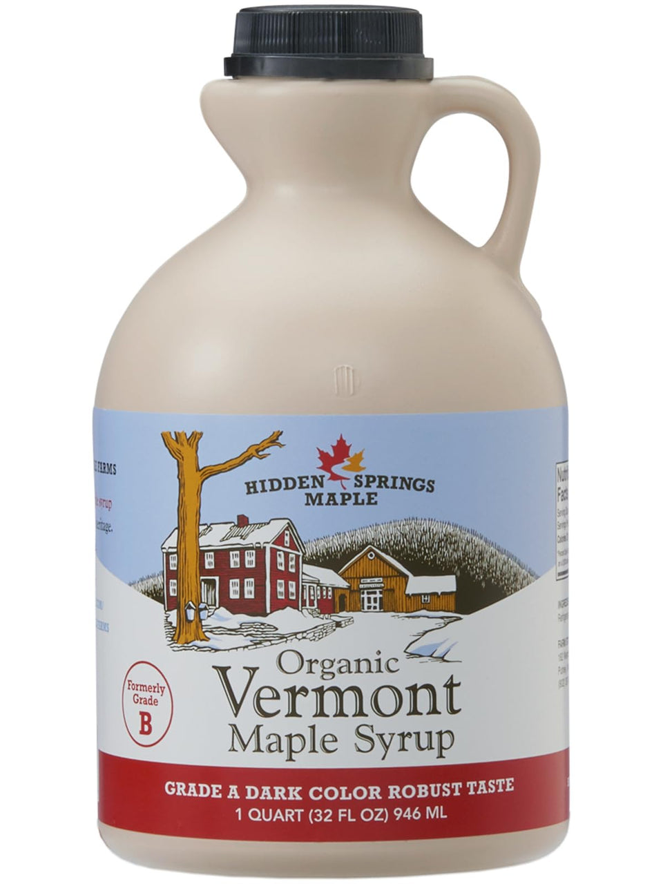 Hidden Springs Maple Organic Vermont syrup bottle ready for pancakes and toppings.