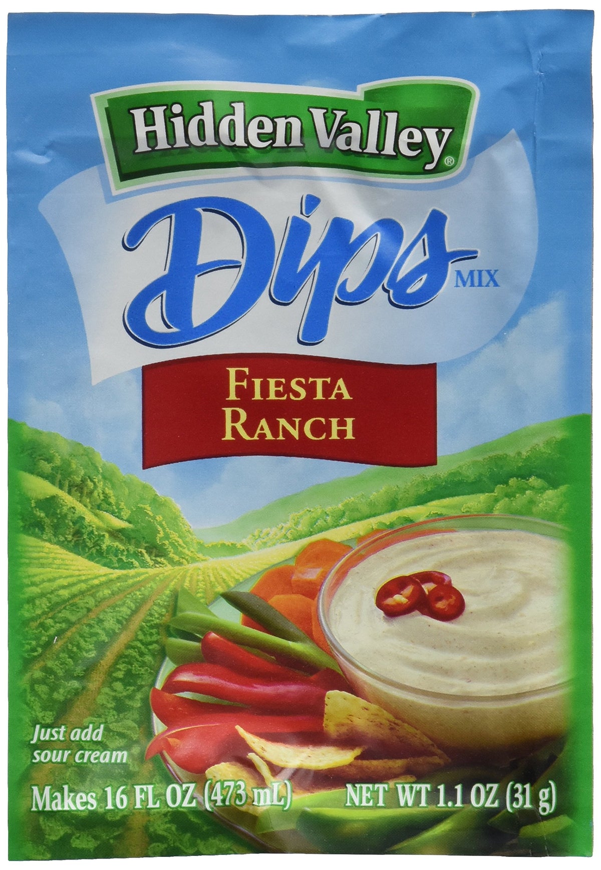 Hidden Valley Fiesta Ranch Dips Mix pack front view for crowd-pleasing snacks