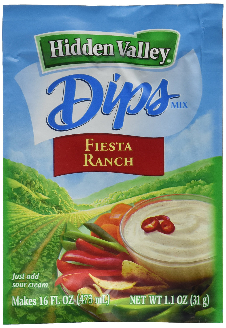 Hidden Valley Fiesta Ranch Dips Mix pack front view for crowd-pleasing snacks