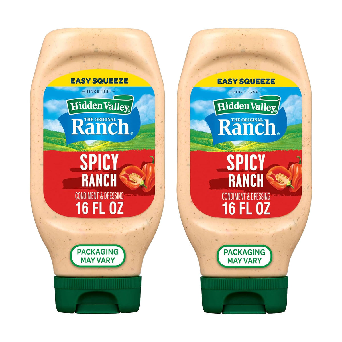 Hidden Valley Original Spicy Ranch bottle front, creamy dressing ready for dipping or topping.