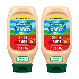 Hidden Valley Original Spicy Ranch bottle front, creamy dressing ready for dipping or topping.