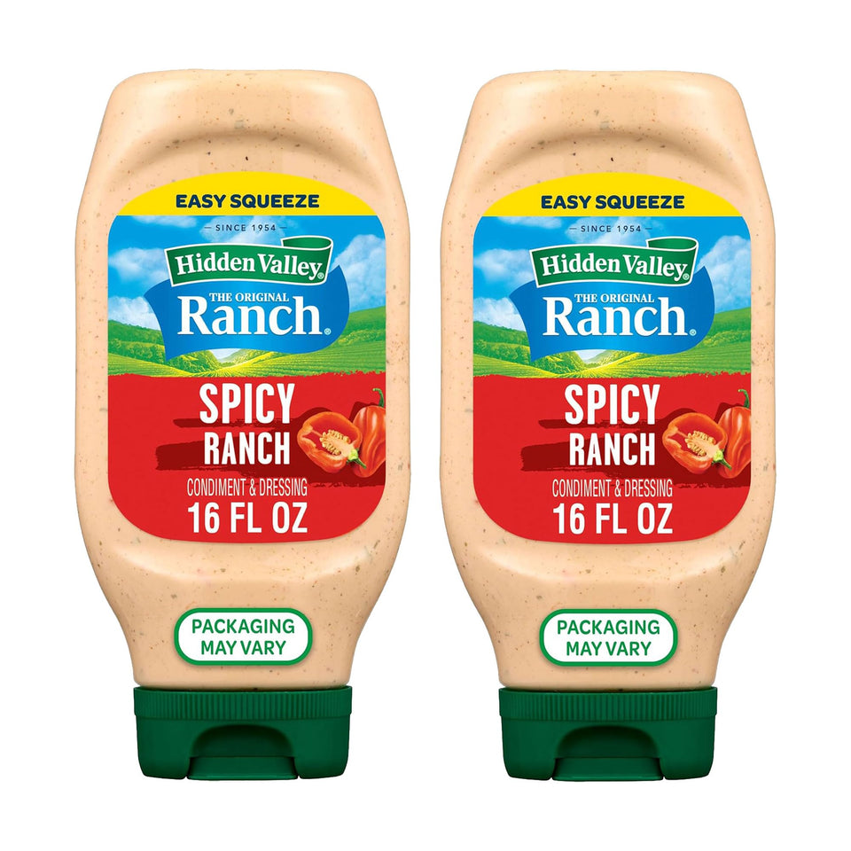 Hidden Valley Original Spicy Ranch bottle front, creamy dressing ready for dipping or topping.