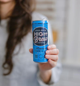 Graphic showing 140 mg caffeine per High Brew can for a measured energy lift.