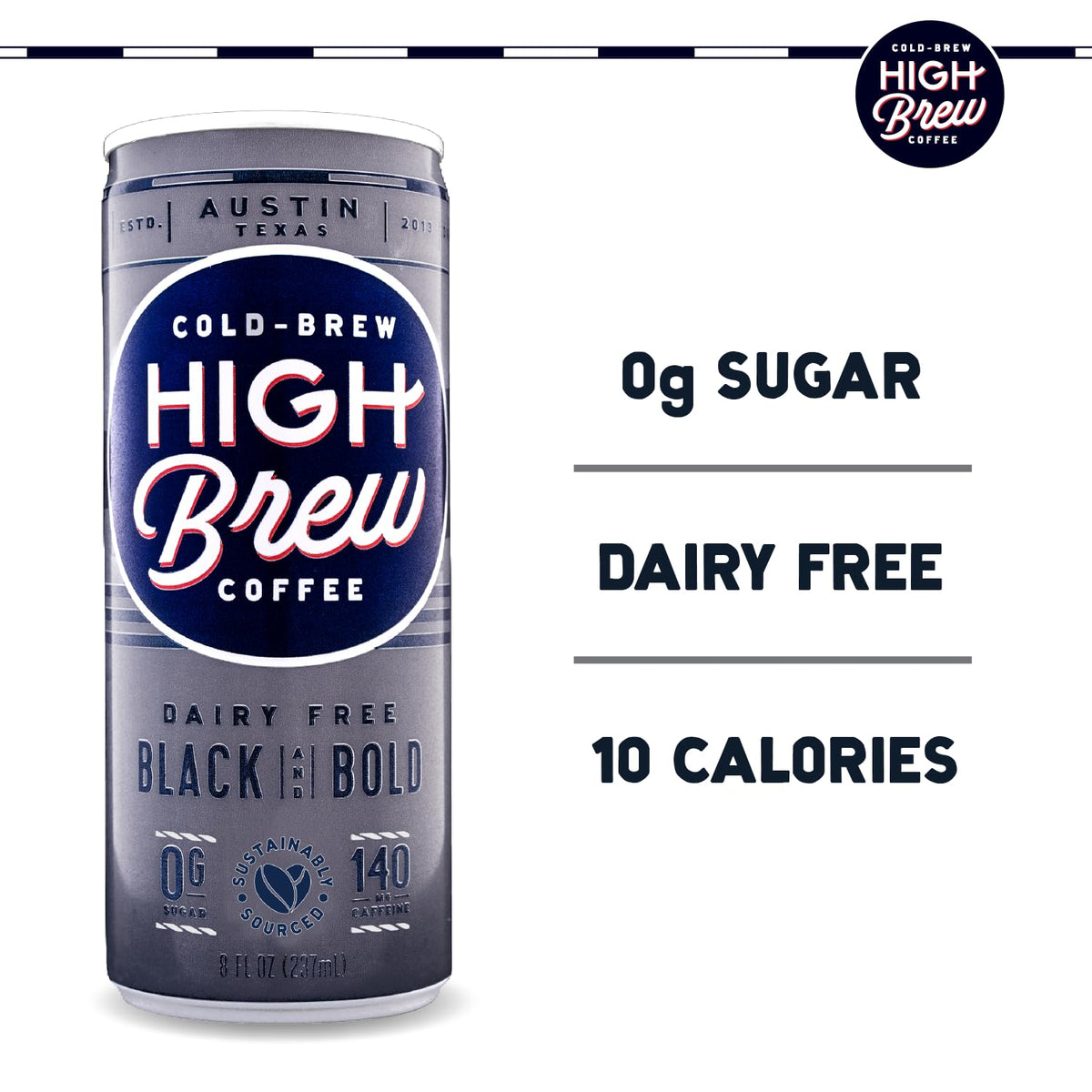 High Brew Cold Brew bottle side view highlights gluten-free, low-acidity profile