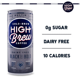 High Brew Cold Brew bottle side view highlights gluten-free, low-acidity profile
