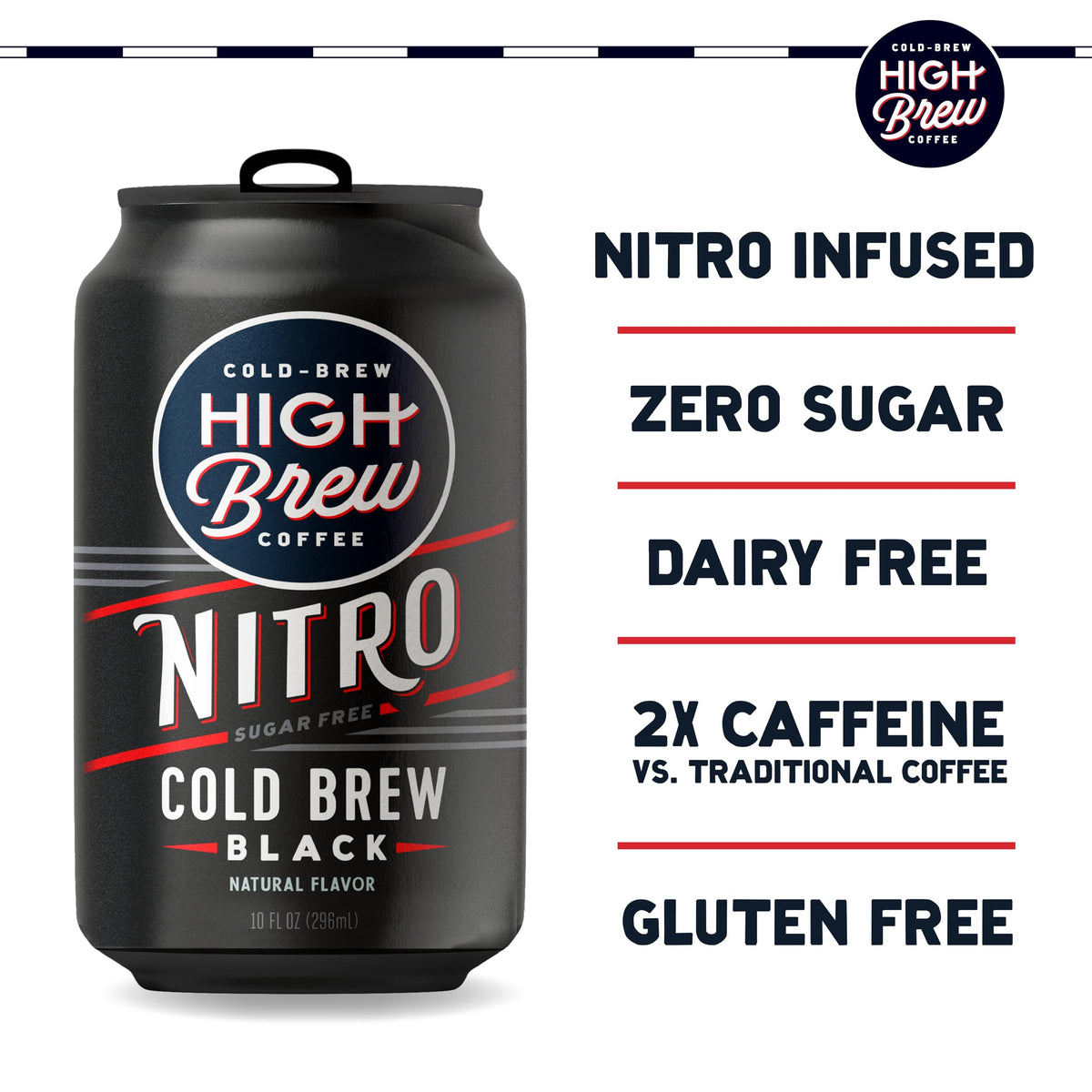 High Brew Nitro Black can side view showing caffeine boost.