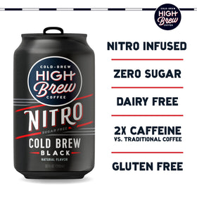 High Brew Nitro Black can side view showing caffeine boost.