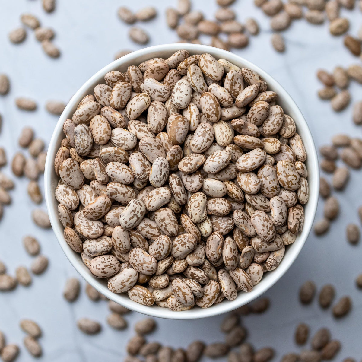 Close-up of dry pinto beans with smooth texture for soaking and simmering.