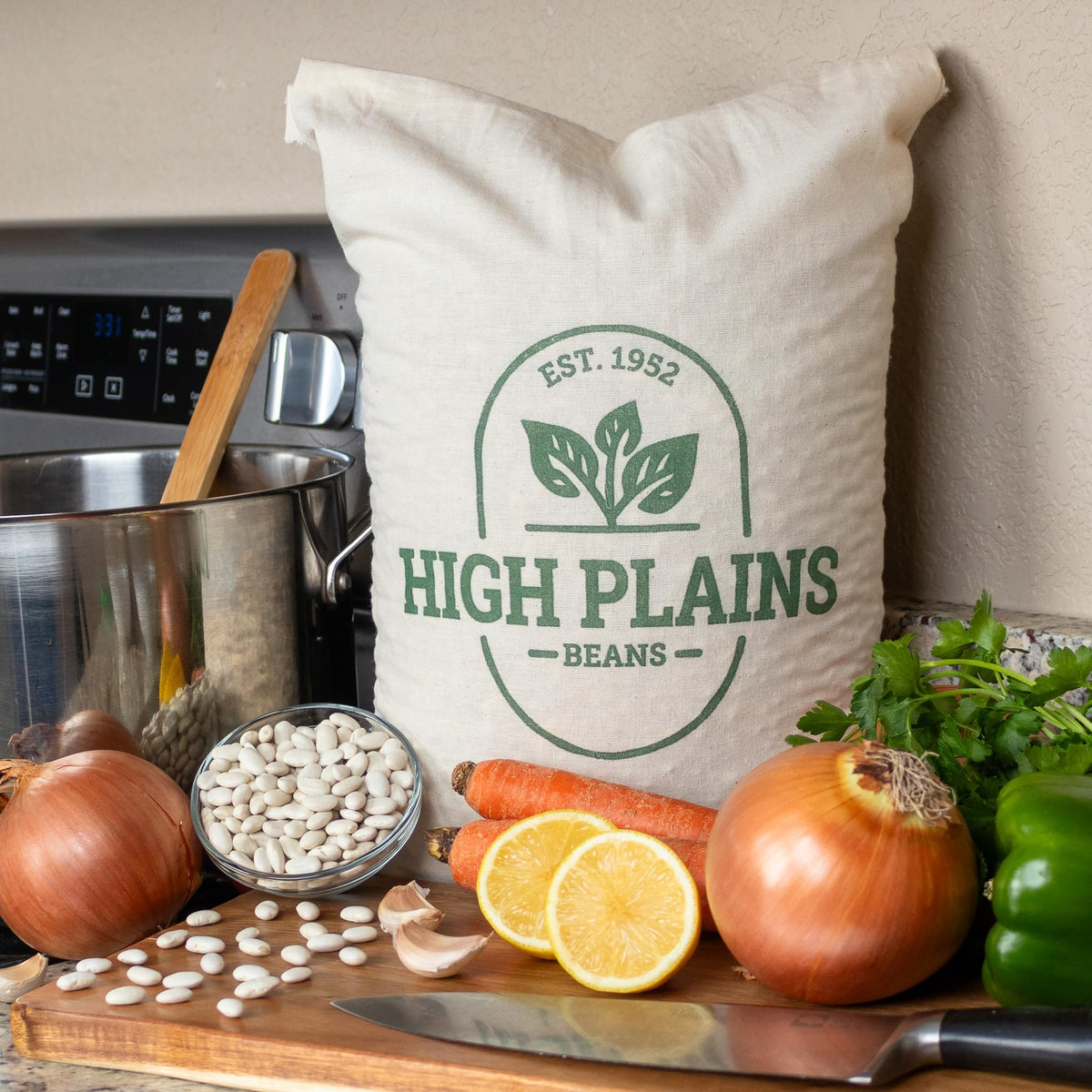 High Plains Great Northern White Beans display of dry beans ready to soak