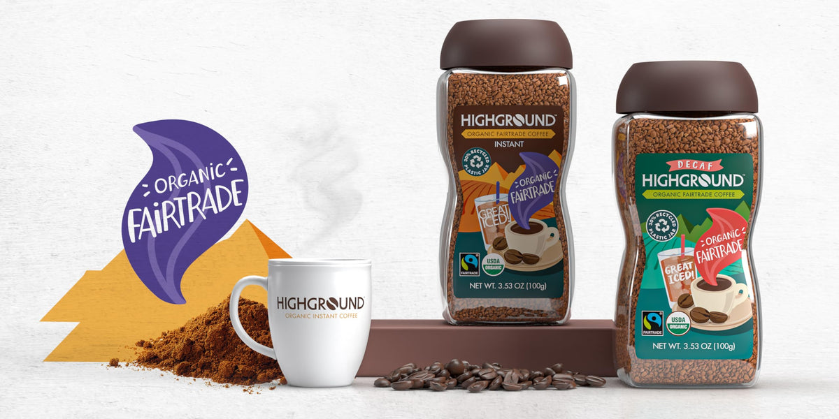 Highground decaf instant coffee granules dissolving in water for fast brew.