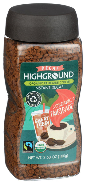 Highground decaf instant coffee dissolving in hot water for quick brew.