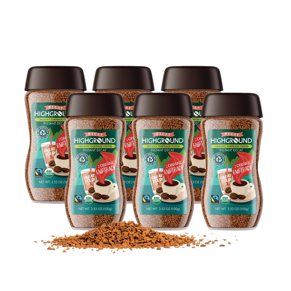 Highground Organic Decaf Instant Coffee pack of 6 on the kitchen counter for quick mornings.