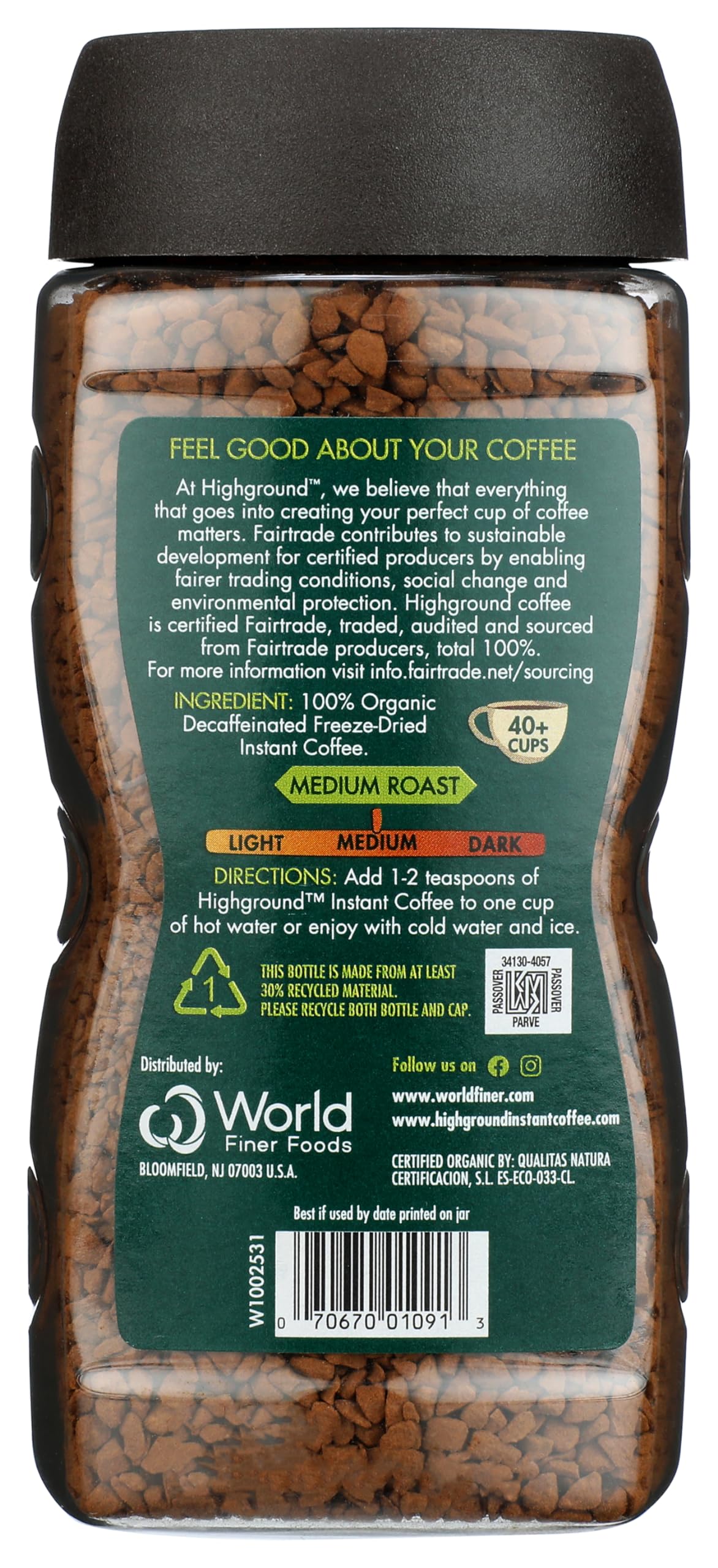 Highground decaf instant coffee being poured into a mug for a comforting cup.