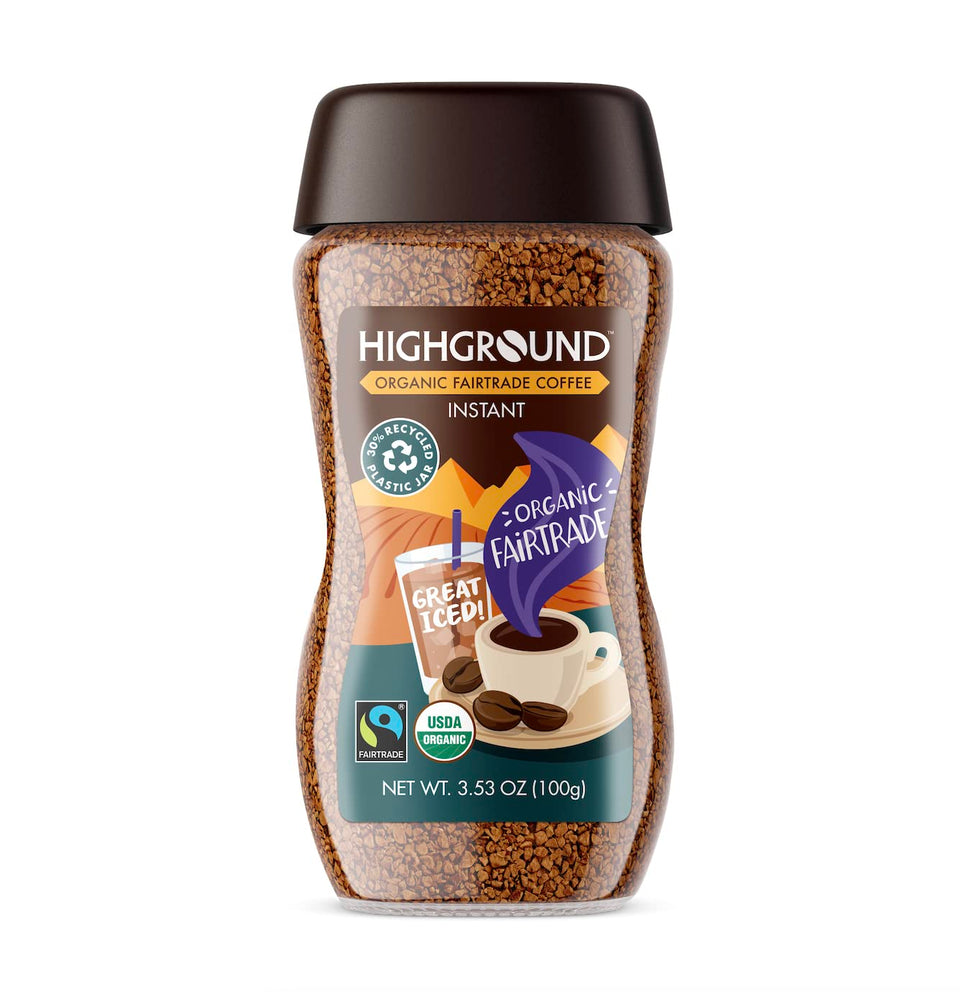 Highground Organic Instant Coffee jar, ideal for busy mornings.