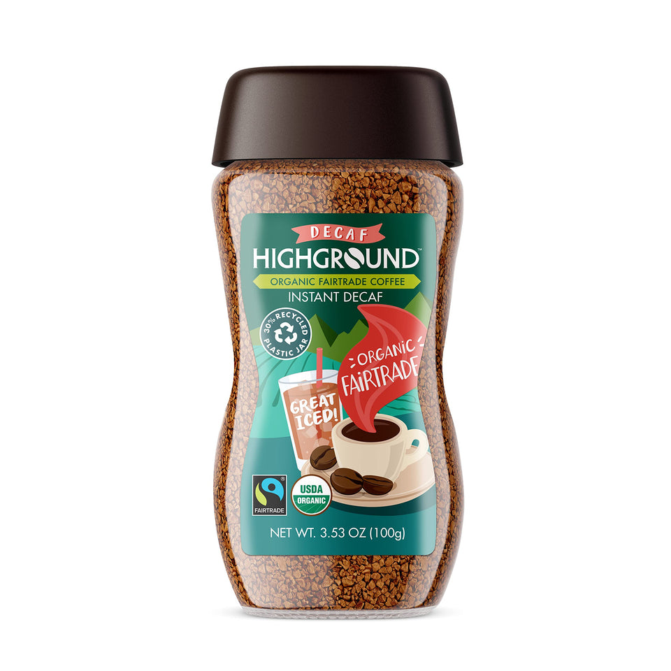 Highground organic instant decaf coffee jar; quick, flavorful mornings.