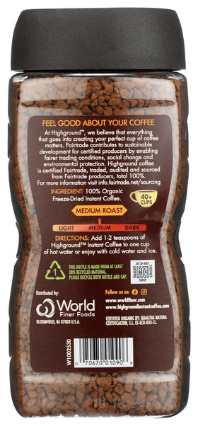 Highground Organic Regular Instant Coffee jar close-up, rich aroma for home brewing
