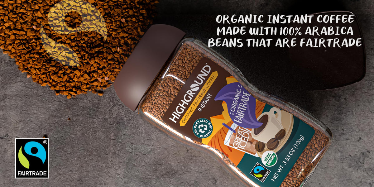 Highground Organic Regular Instant Coffee pouring into cup, smooth texture ready