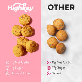 HighKey Birthday Cake Muffins nutrition panel, notes 1g net carb per serving.