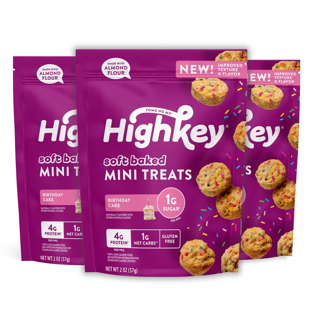 HighKey Birthday Cake Muffins pack front, keto-friendly on-the-go snack.