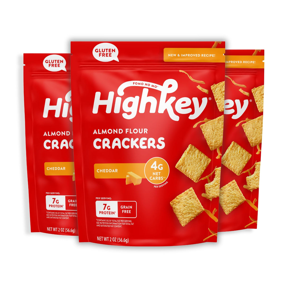 HighKey cheddar crackers 3pack box-front showing keto-friendly snack.