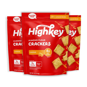HighKey cheddar crackers 3pack box-front showing keto-friendly snack.
