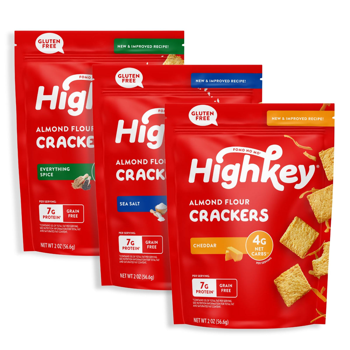 HighKey Crackers Variety Pack front view showing three flavors for versatile snacking.