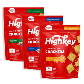 HighKey Crackers Variety Pack front view showing three flavors for versatile snacking.