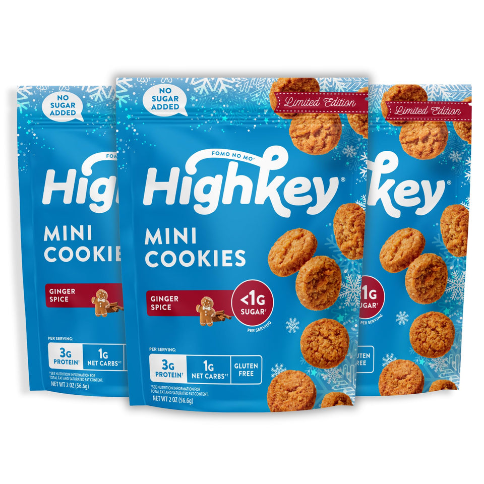 HighKey Ginger Spice Cookies package shows gluten-free, sugar-free keto snack option.
