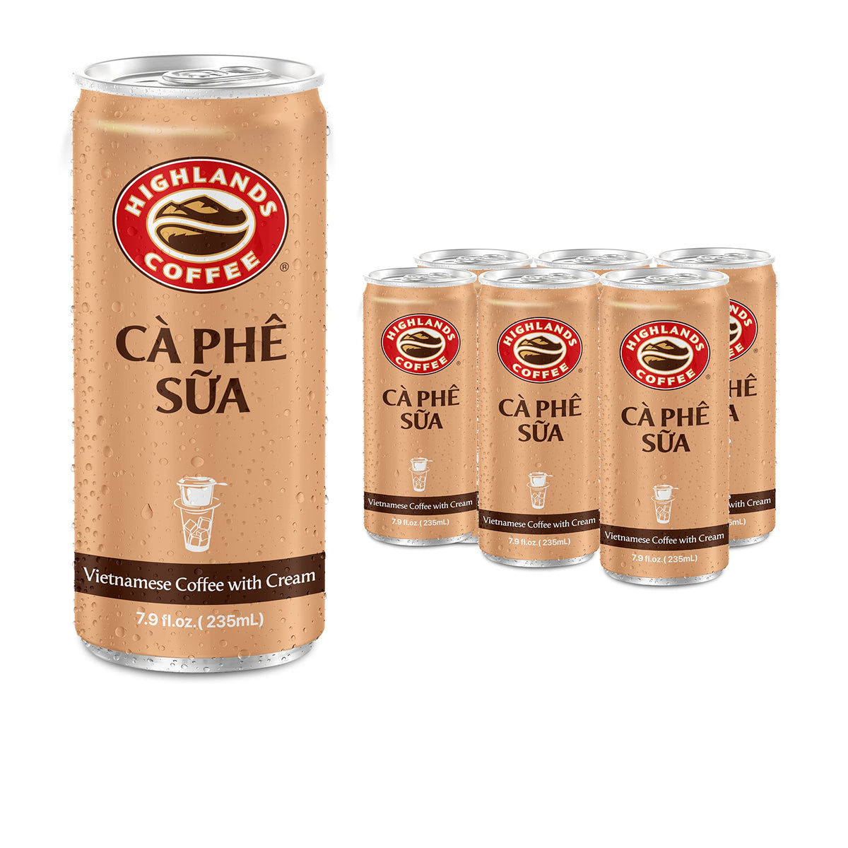 Highlands Coffee Cà Phê Sữa can pouring over ice for a quick refreshing iced coffee.