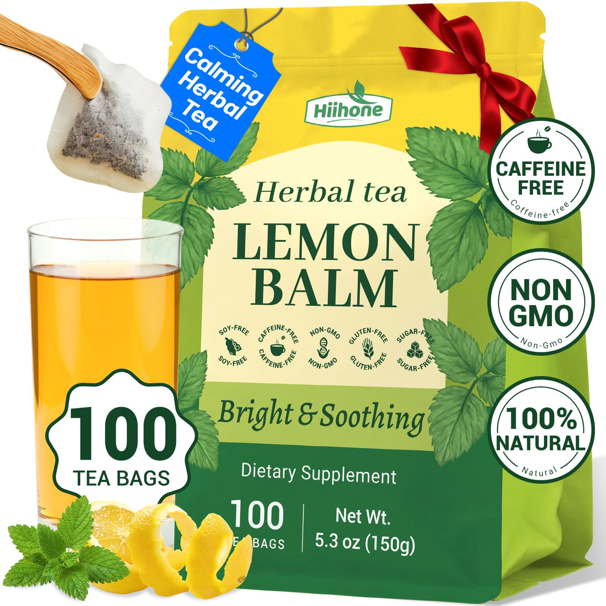 Hiihone Lemon Balm tea bag with dry leaves for a calming sip.