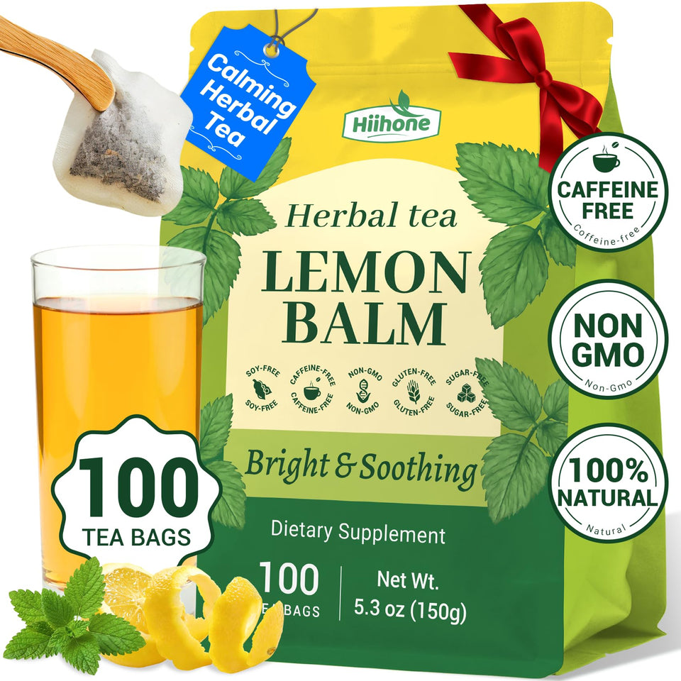 Hiihone Lemon Balm tea bag with dry leaves for a calming sip.