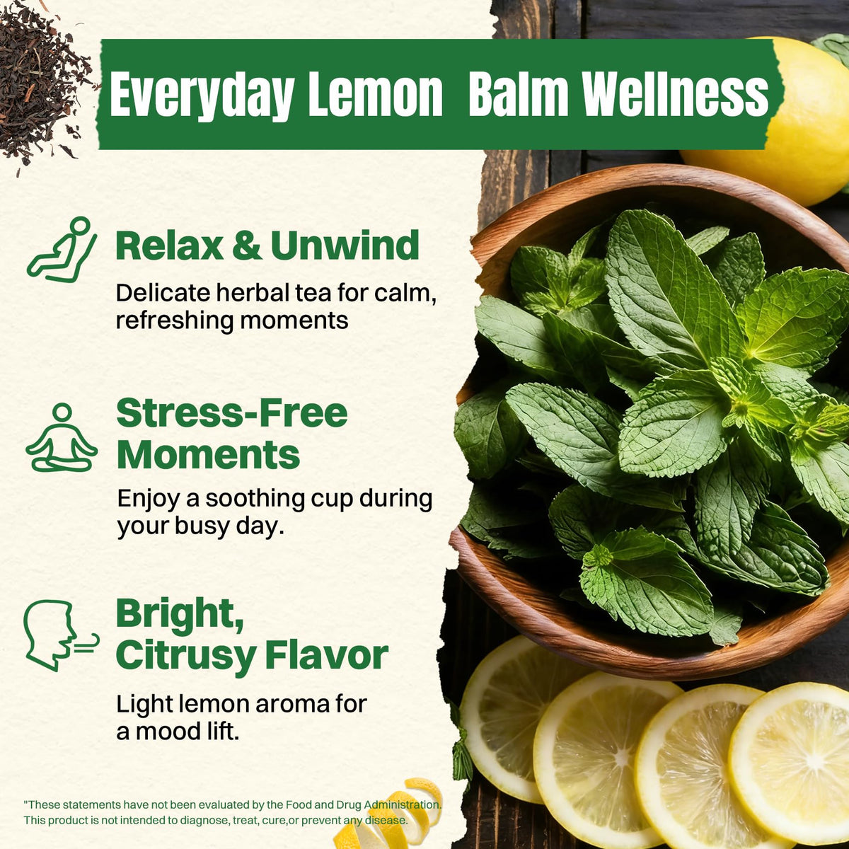 Hiihone Lemon Balm tea bag in hot cup releasing soothing aroma.