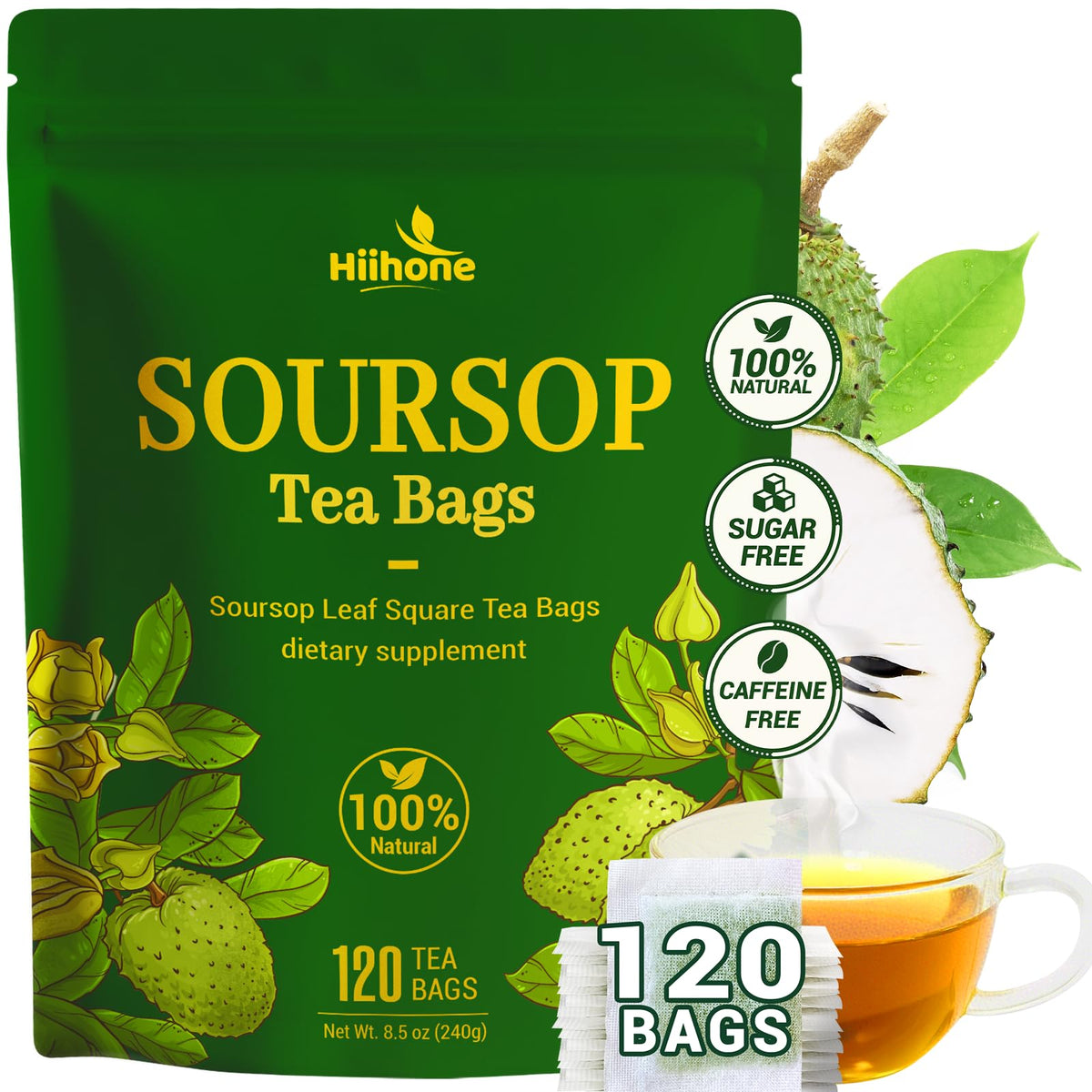 HIIHONE Soursop Leaf Tea bag close-up showing calm, caffeine-free ritual