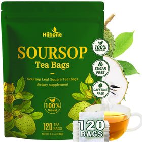HIIHONE Soursop Leaf Tea bag close-up showing calm, caffeine-free ritual