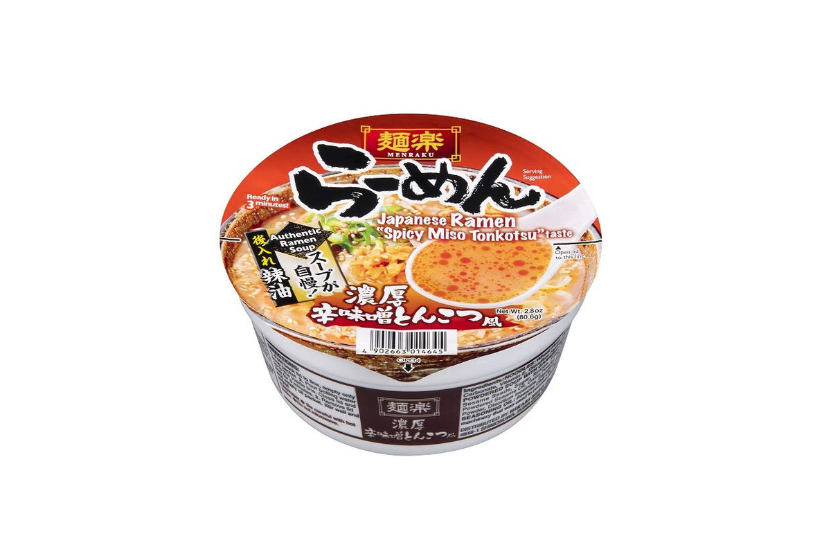 Hikari Miso Menraku ramen pack featuring spicy miso tonkotsu flavor for quick meals.