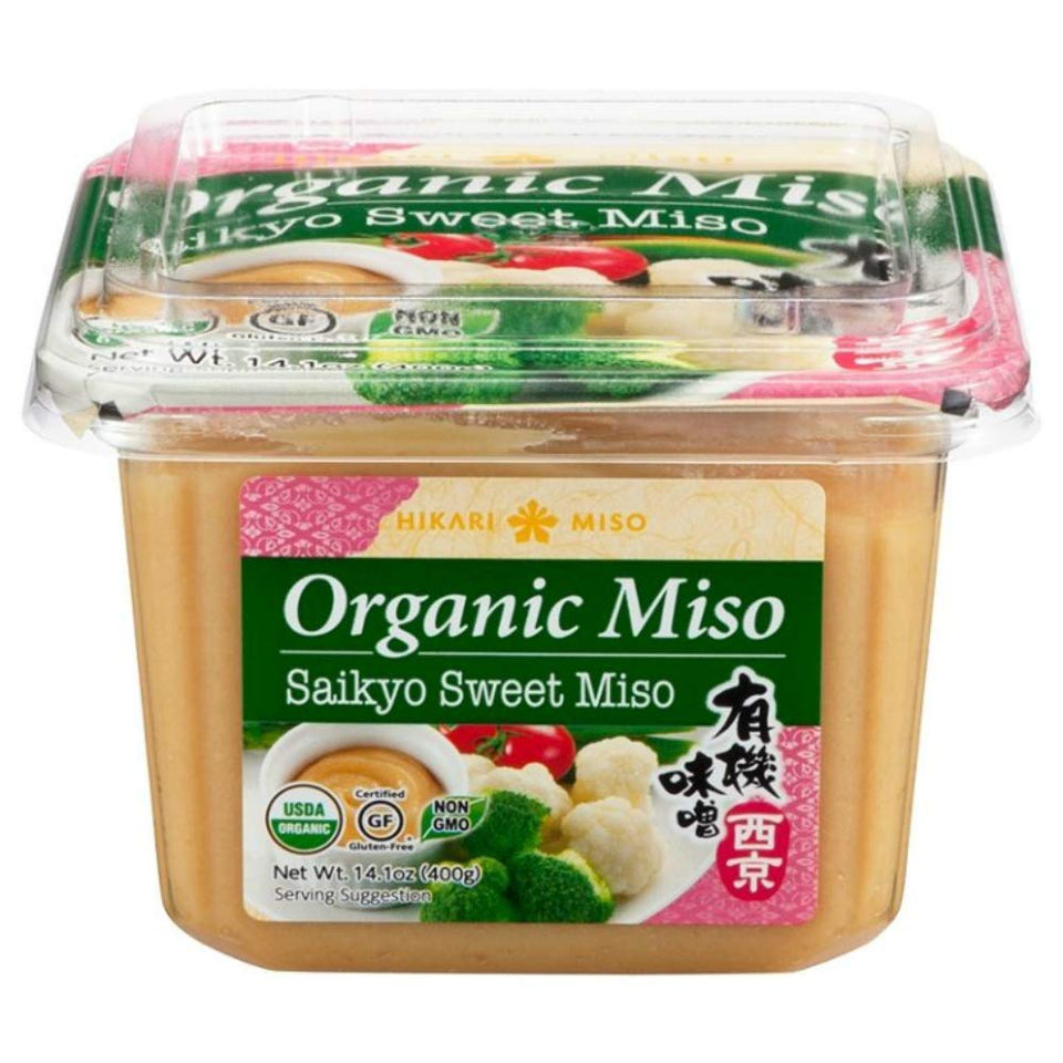 Hikari Miso Organic Saikyo Sweet paste in a jar showing its pale color and creamy texture for versatile cooking
