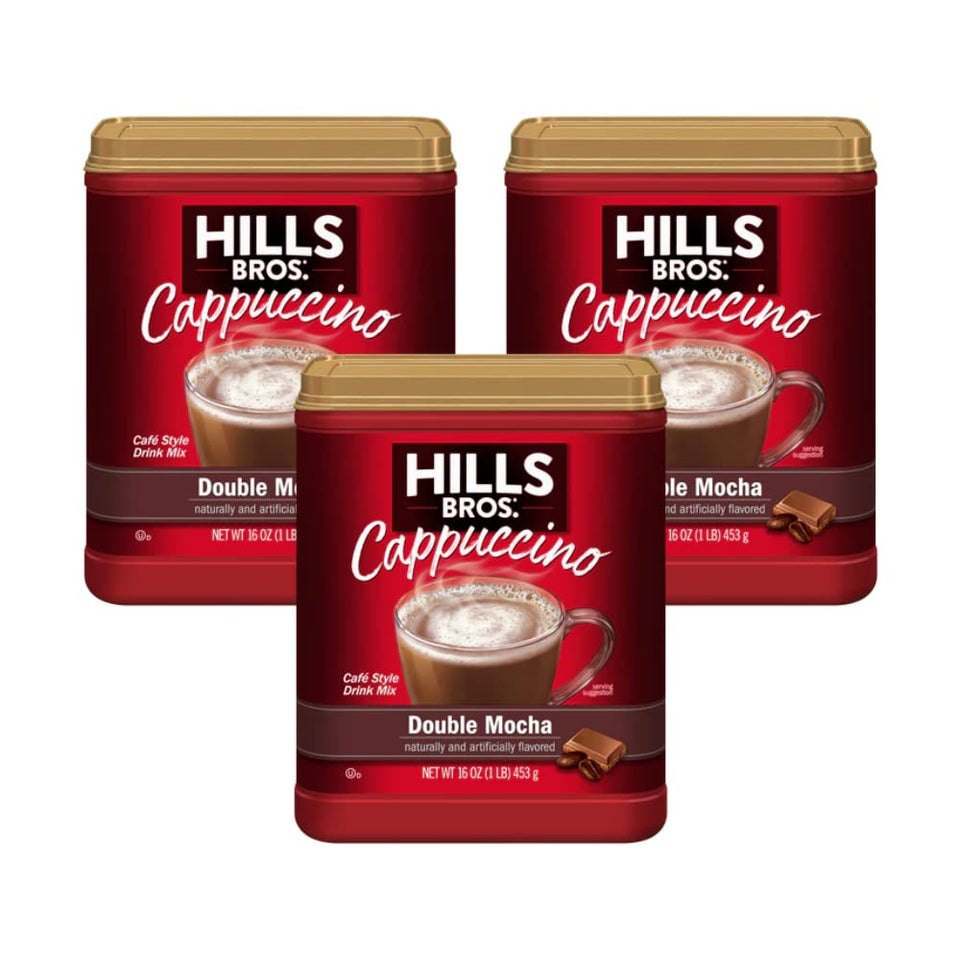 Hills Bros Cappuccino Double Mocha 3-pack front view, ideal for quick at-home coffee.
