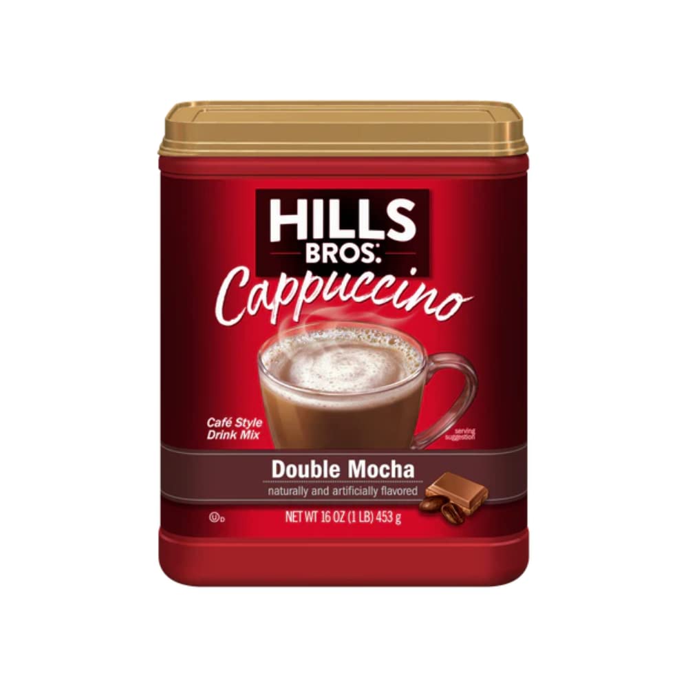 Hills Bros Cappuccino Double Mocha 3-pack side view, space-saving on the counter.