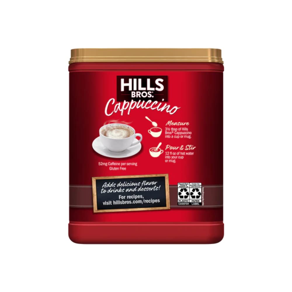 Hills Bros Cappuccino Double Mocha cup steaming, cafe-style pleasure at home.