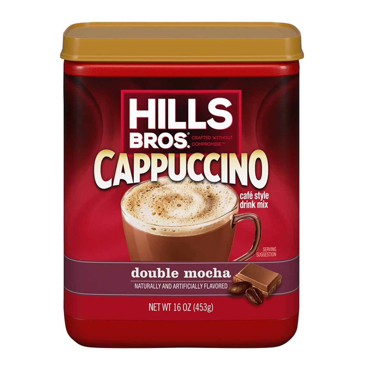 Hills Bros Cappuccino Double Mocha packaging closeup, aroma-forward packaging.