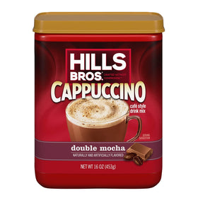 Hills Bros Cappuccino Double Mocha packaging closeup, aroma-forward packaging.