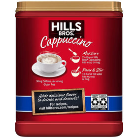 Hills Bros cappuccino French Vanilla add-water setup highlights quick, instant preparation